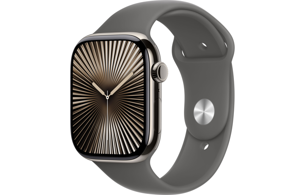 Apple Watch Series 10 LTE 42mm Natural Titanium Case w. Stone Grey Sport Band M/L (MWXE3)